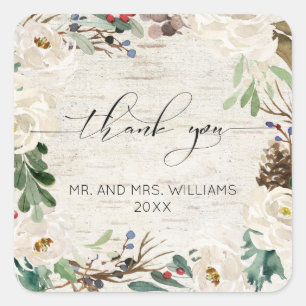 Winter Birch Calligraphy Floral Wedding Thank You Square Sticker