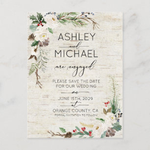 Winter Birch Calligraphy Wedding Save the Date Announcement Postcard
