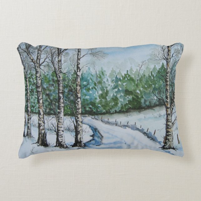 Winter Birch Snow Scene Accent Pillow (Front)