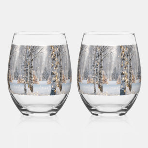 WInter Birch Tree Forest Golden Holiday Lights Stemless Wine Glass