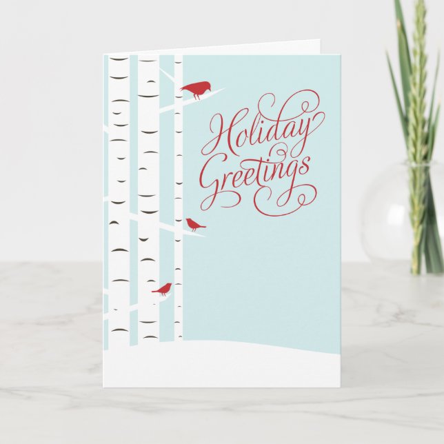 Winter Birch Trees and Birds Season's Greetings Holiday Card (Front)