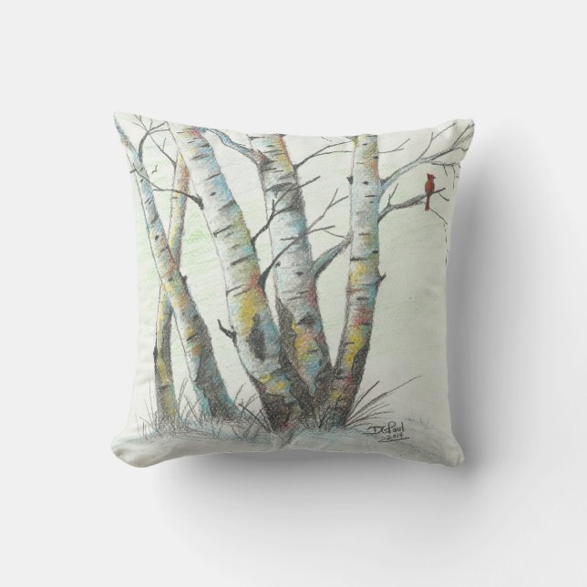 Winter Birches Coloured Pencil Art Throw Pillow (Front)