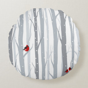 Winter Birches: Grey Trees, Red Birds Round Pillow