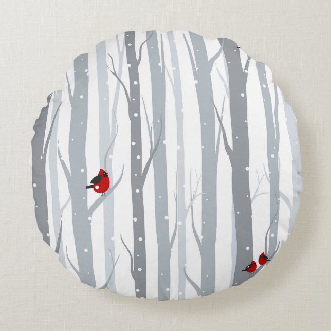 Winter Birches: Grey Trees, Red Birds Round Pillow (Front)