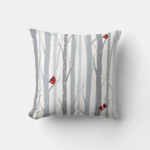 Winter Birches: Grey Trees, Red Birds Throw Pillow
