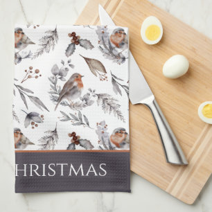 Winter Bird and Holly Pattern Christmas Kitchen Towel