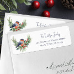 Winter Bird Christmas Bullfinch Return Address<br><div class="desc">These winter themed Christmas holiday return address labels feature a watercolor bullfinch perched on evergreen sprigs,  holly leaves,  and red berries,  with modern trendy handwriting script for the family name.</div>