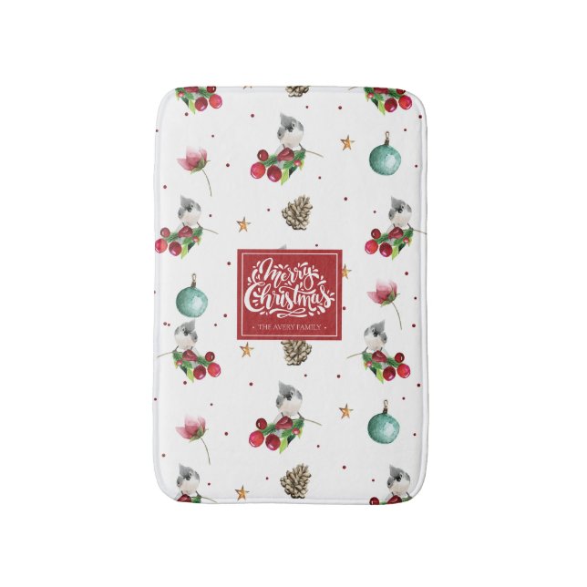 Winter Bird Christmas Tufted Titmouse Personalized Bath Mat (Front Vertical)