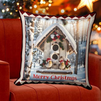 Winter Bird House Christmas Animal Art Throw Pillow