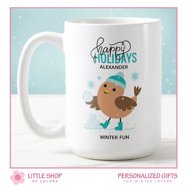 Winter Bird Playing in Snow Personalized Coffee Mug (Creator Uploaded)