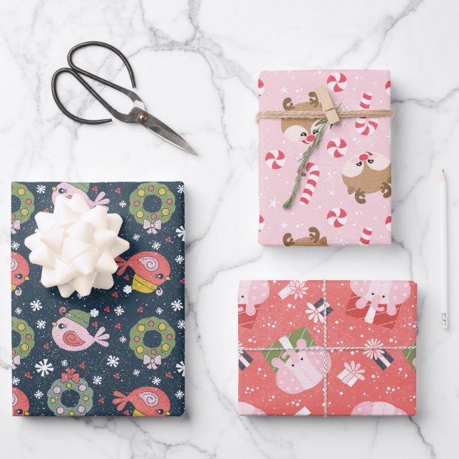 Winter Bird, Reindeer & Spotted Elephant Wrapping Paper Sheet (Front)