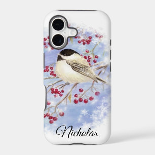 Winter Bird through Snowy Window. Christmas Scene