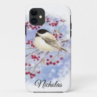Winter Bird through Snowy Window. Christmas Scene