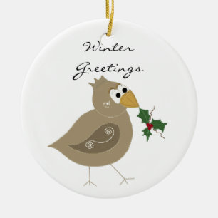 Winter Bird with Sprig of Holly Ceramic Ornament