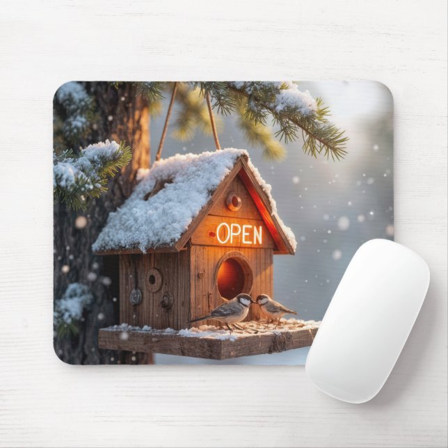 Winter Birdhouse With Neon Open Sign Mouse Pad (With Mouse)