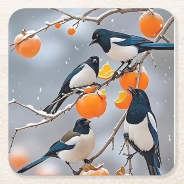Winter birds and persimmons square paper coaster (Front)