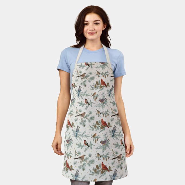 Winter Birds and Pine Branches Pattern Apron (Worn)