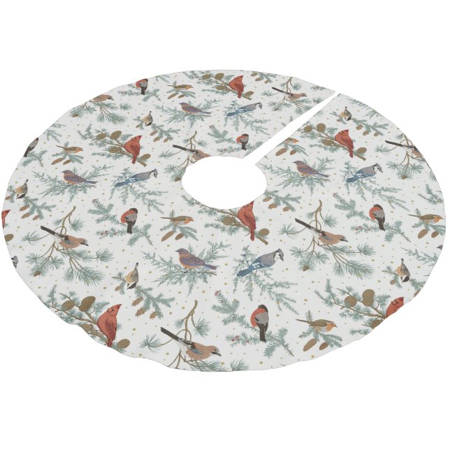 Winter Birds and Pine Branches Pattern Brushed Polyester Tree Skirt (Angled)