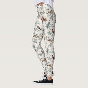 Winter Birds and Pine Branches Pattern Leggings