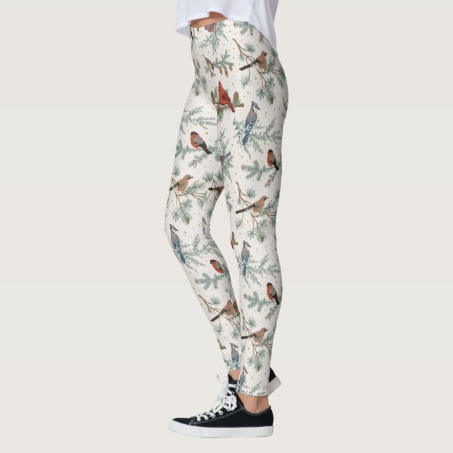 Winter Birds and Pine Branches Pattern Leggings (Left)