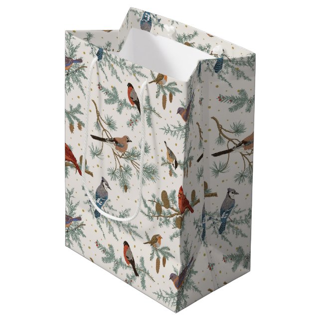 Winter Birds and Pine Branches Pattern Medium Gift Bag (Front Angled)