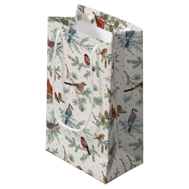 Winter Birds and Pine Branches Pattern Small Gift Bag (Front Angled)