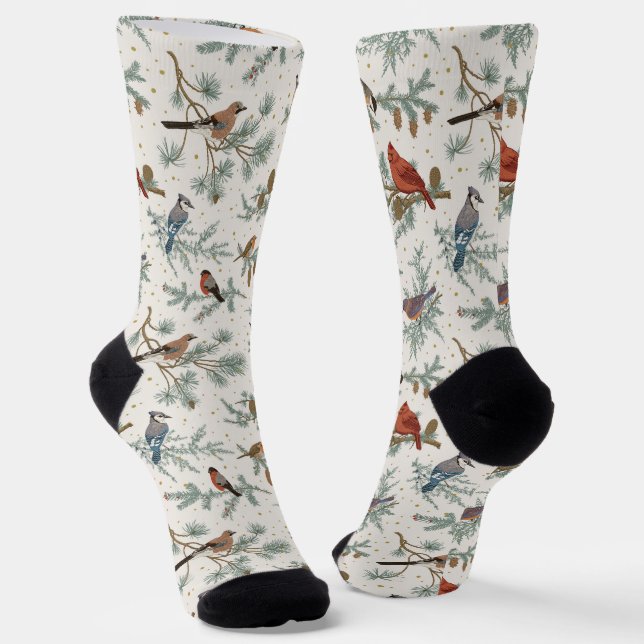 Winter Birds and Pine Branches Pattern Socks (Angled)