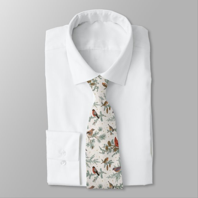 Winter Birds and Pine Branches Pattern Tie (Tied)