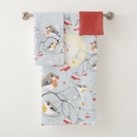 Winter Birds and Red Berries Bath Towel Set<br><div class="desc">Full winter moon and birds with Red Winter Berries on snowy branches on silver grey background - coordinated red washcloth</div>