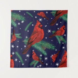Winter birds - cardinals on fir-tree branches with tapestry