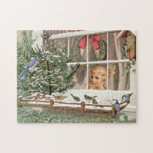 Winter Birds Christmas Tree Vintage Holiday Nature Jigsaw Puzzle