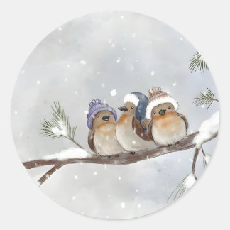 Winter birds classic round sticker