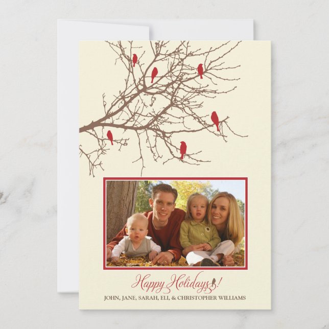 Winter Birds Family Holiday Card (maroon) (Front)