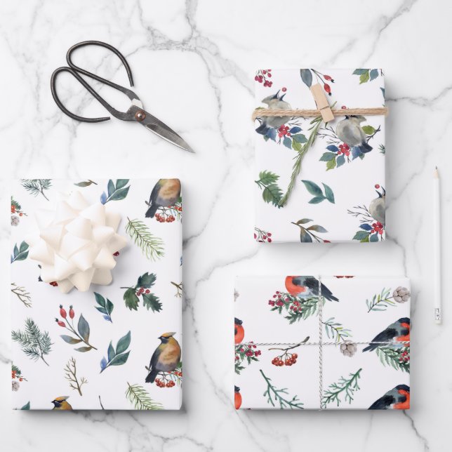 Winter Birds Feeding On Red Berries Christmas Wrapping Paper Sheet (Front)
