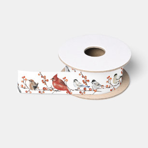 Winter Birds Feeding On Red Ilex Berries Satin Ribbon