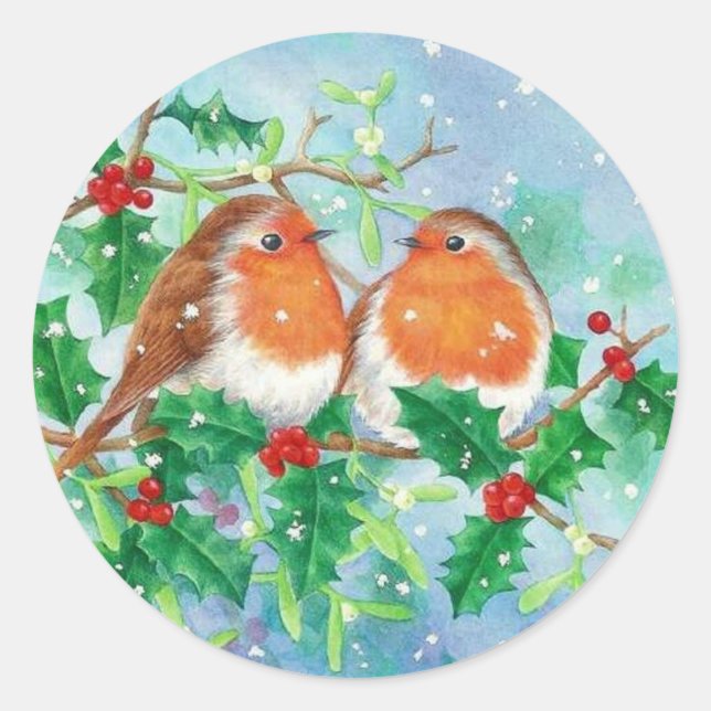 Winter Birds & Holly Berries In Falling Snow  Classic Round Sticker (Front)