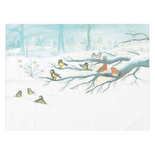 Winter birds in a snowy forest on a cold sunny day tablecloth