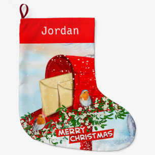 Winter Birds on Snowy Red Post Box Personalized  Large Christmas Stocking