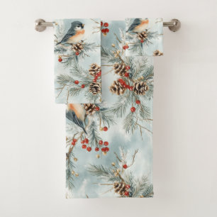Winter Birds Pattern with Pinecones and Snow Bath Towel Set