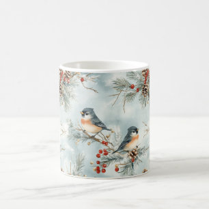 Winter Birds Pattern with Pinecones and Snow Coffee Mug