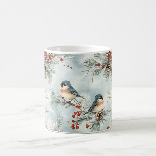 Winter Birds Pattern with Pinecones and Snow Coffee Mug (Center)