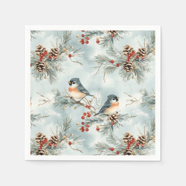 Winter Birds Pattern with Pinecones and Snow Napkin (Front)