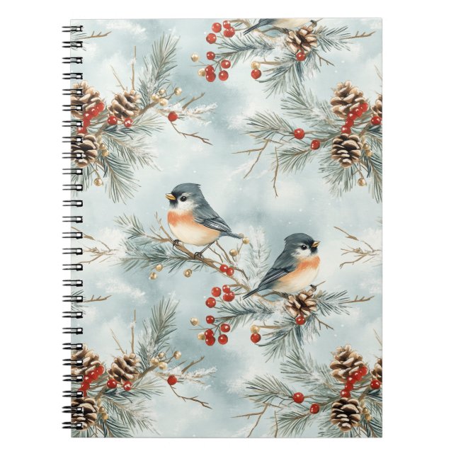 Winter Birds Pattern with Pinecones and Snow Notebook (Front)