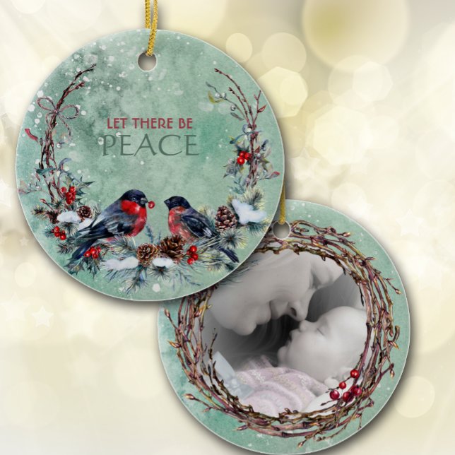 Winter Birds Pine Branch Wreath Photo Template Ceramic Ornament (Creator Uploaded)