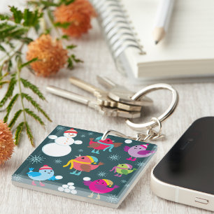 Winter Birds Playing in Snow with Snowman  Keychain