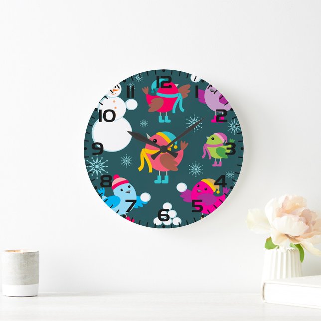 Winter Birds Playing in Snow with Snowman  Large Clock (Creator Uploaded)