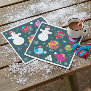 Winter Birds Playing in Snow with Snowman  Napkin