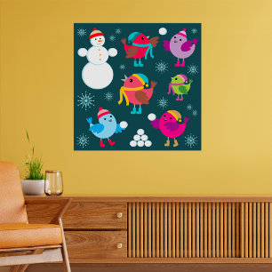 Winter Birds Playing in Snow with Snowman  Poster