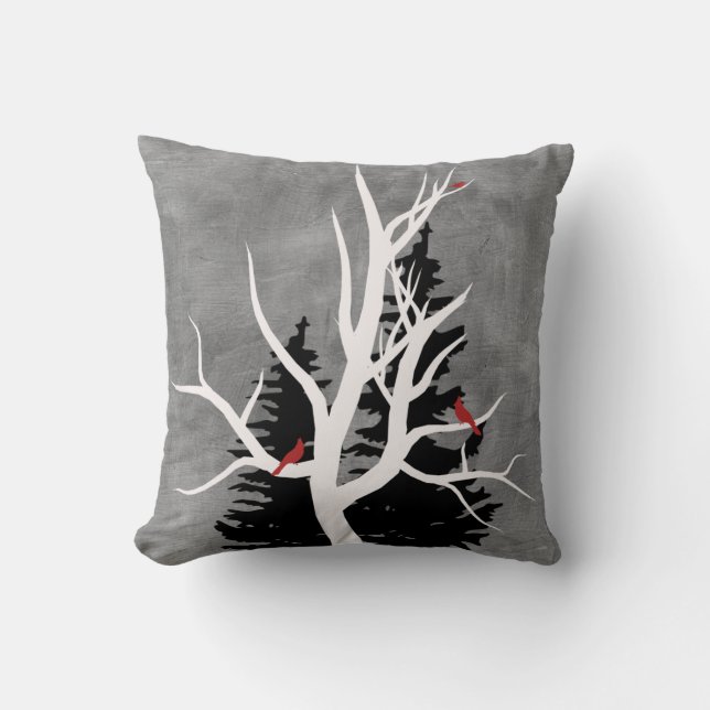 Winter Birds Silhouettes Throw Pillow (Front)