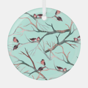 Winter Birds Tree Branches Watercolor Glass Ornament